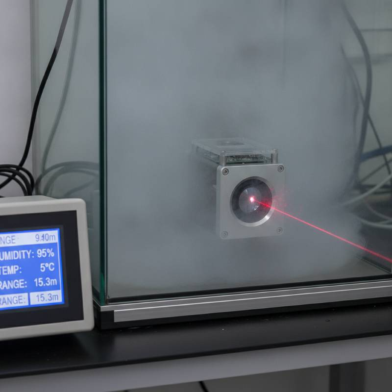 Laser rangefinder module being tested in a foggy environmental chamber