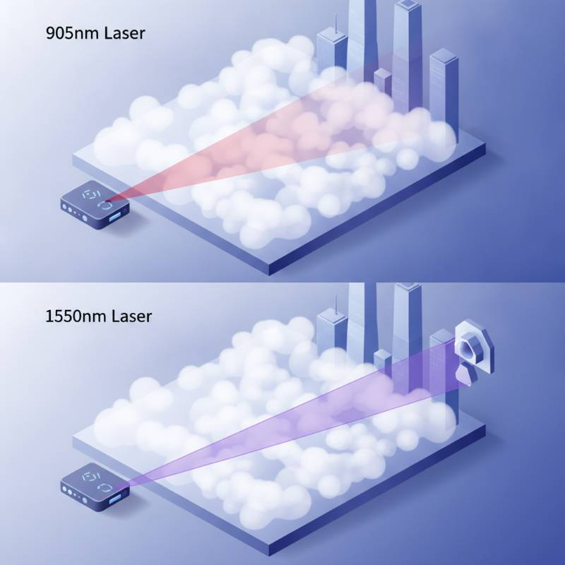Infographic comparing 905nm vs 1550nm laser penetration through fog