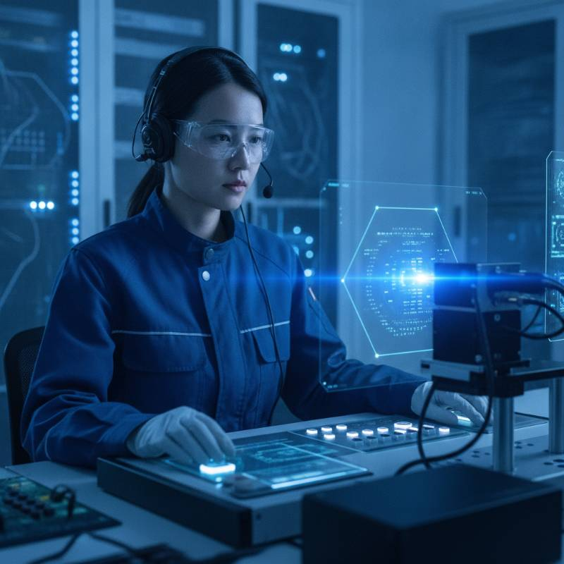 Military technician testing laser pulse coding