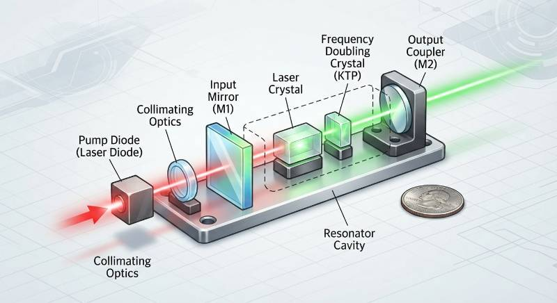 Technical diagram of a miniaturized DPSS laser resonator
