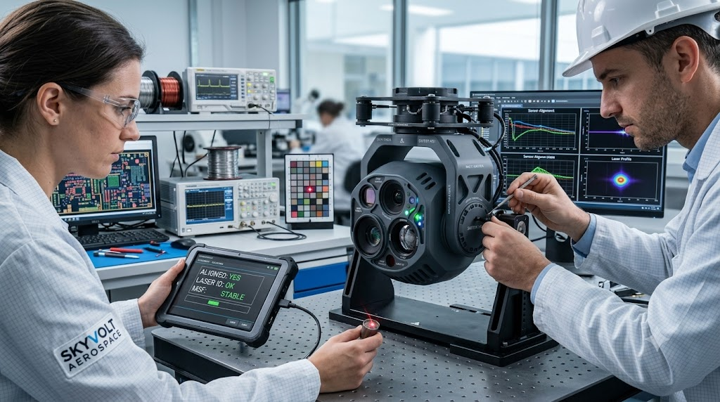 Engineers calibrating an EO/IR gimbal system with a laser designator