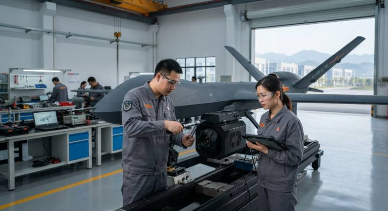 Military drone being fitted with a laser payload in a workshop