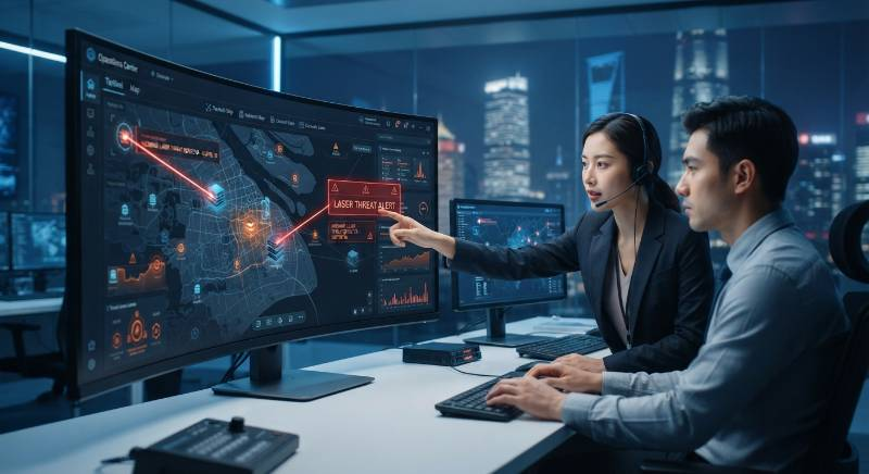 Digital interface showing tactical map with laser threat alert