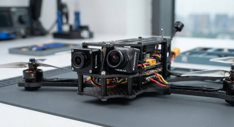 Close up of a 5-inch FPV drone frame with two cameras mounted on the front: one small thermal lens and one larger standard lens.