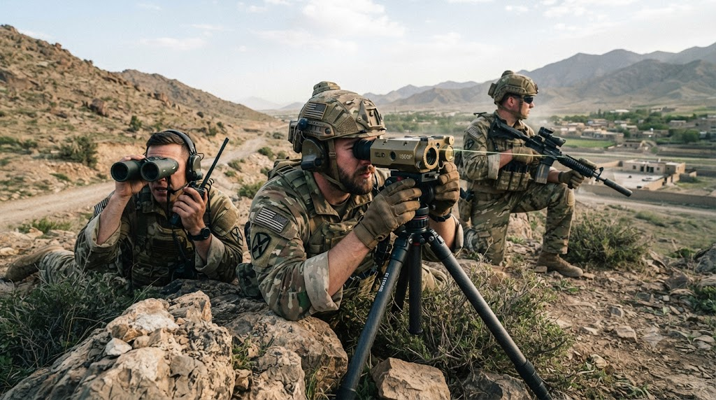 Military personnel using laser target designator in field