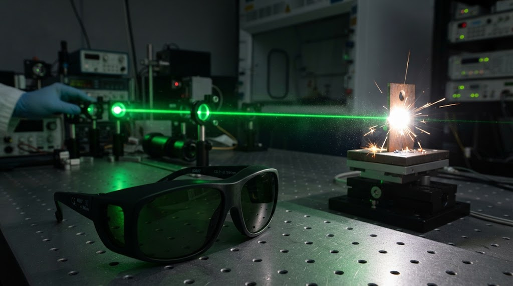 Laser eye protection goggles and a laser beam hitting a target