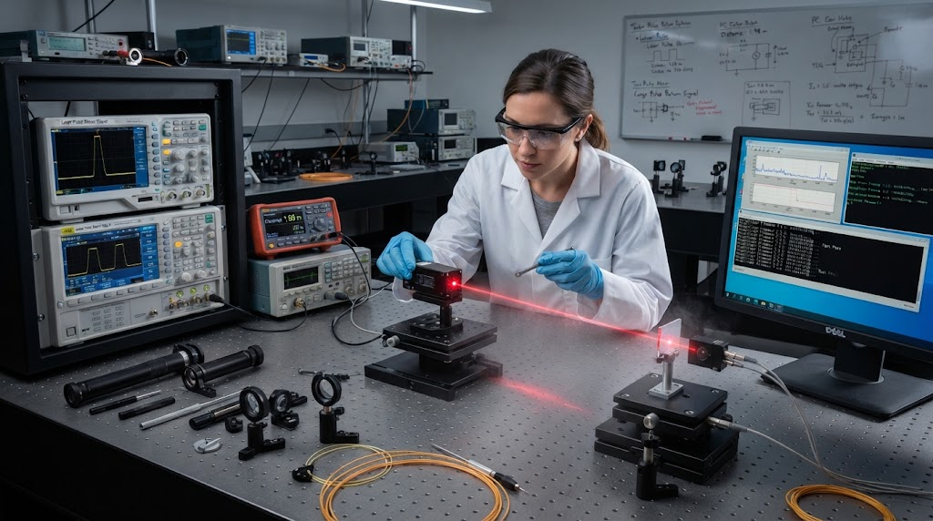Engineer testing laser rangefinder module in a lab