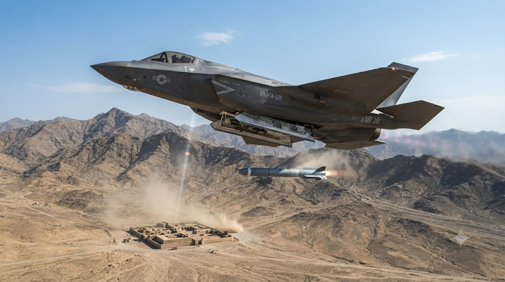 Modern fighter jet deploying precision-guided munition