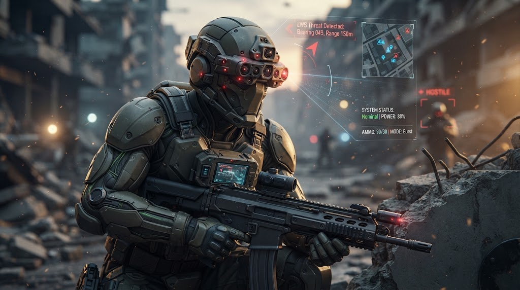 Futuristic soldier with integrated LWS and AR display