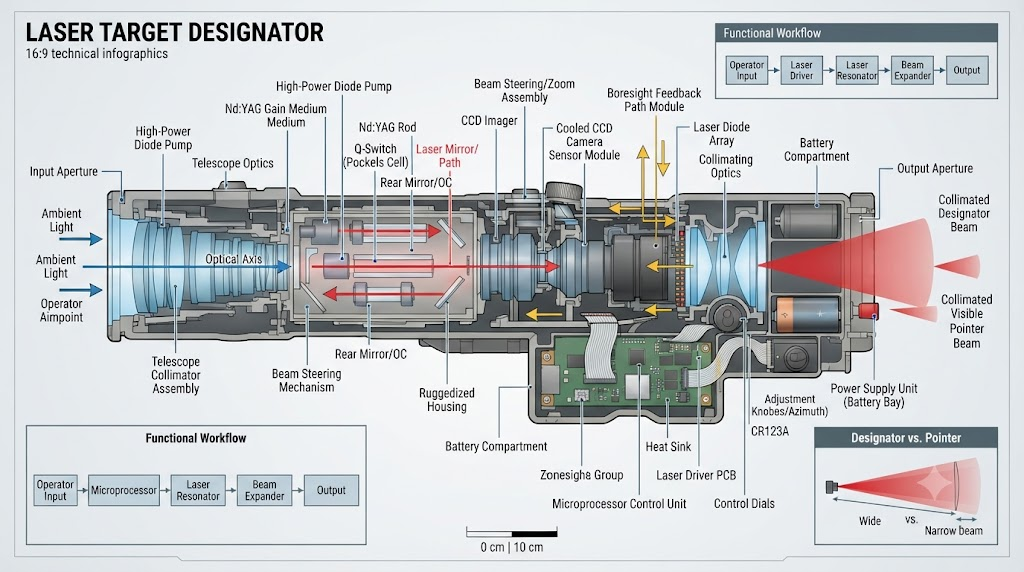 Technical diagram of a laser target designator