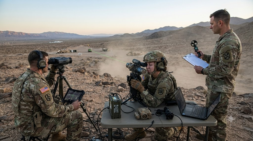 Military personnel conducting field tests on laser designators