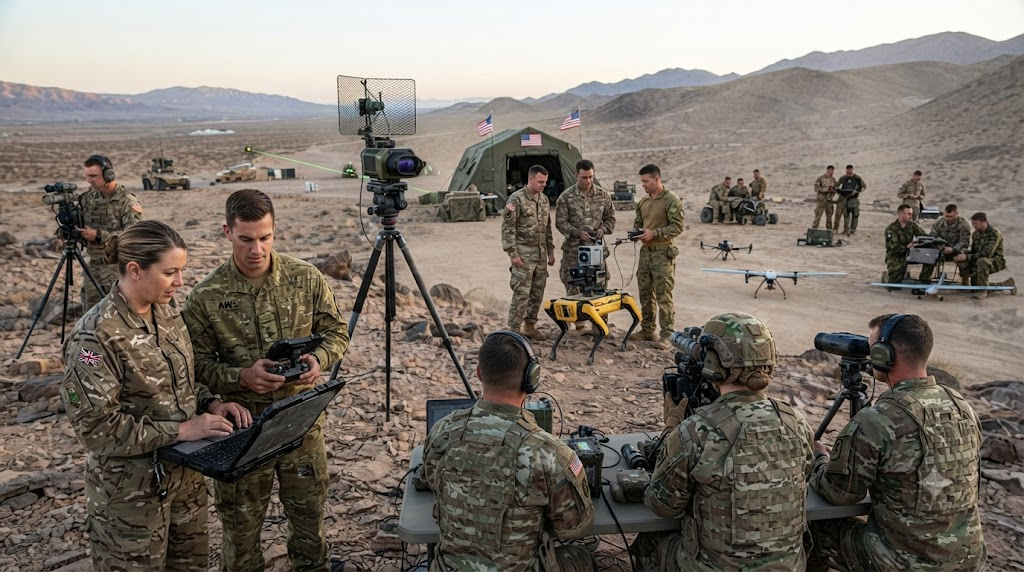 Diverse military teams collaborating with advanced defense technology